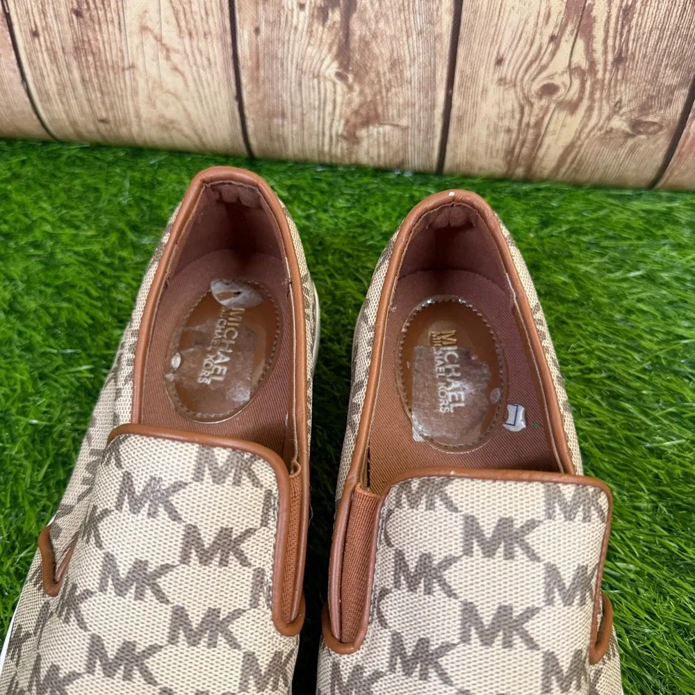 Michael Kors Keaton Slip On Sneakers Womens Size 8 Brown Logo Monogram Casual
